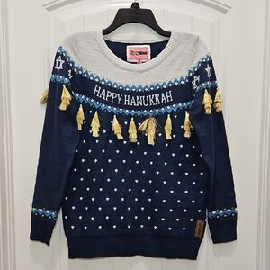 Tipsy Elves Happy Hanukkah Ugly Festive Sweater with Gold Tassels